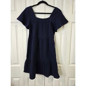 Beach Lunch Lounge Womens Mini Dress Medium Navy Blue Gauze Square Neck